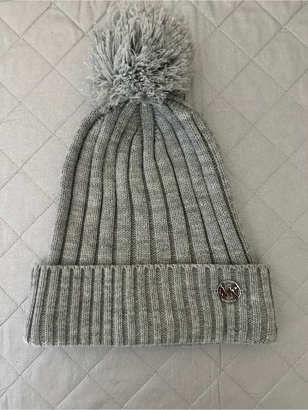 Michael Kors Light Gray Ribbed Pom Beanie